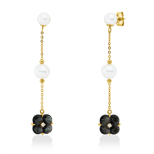 Ohrschmuck 18 kt GG, 2 Brill. 0,03 ct, TW-si, 2 Perlmutt schwarz 10mm, 2 SW 5,5 mm, 2 SW 6 mm weiß