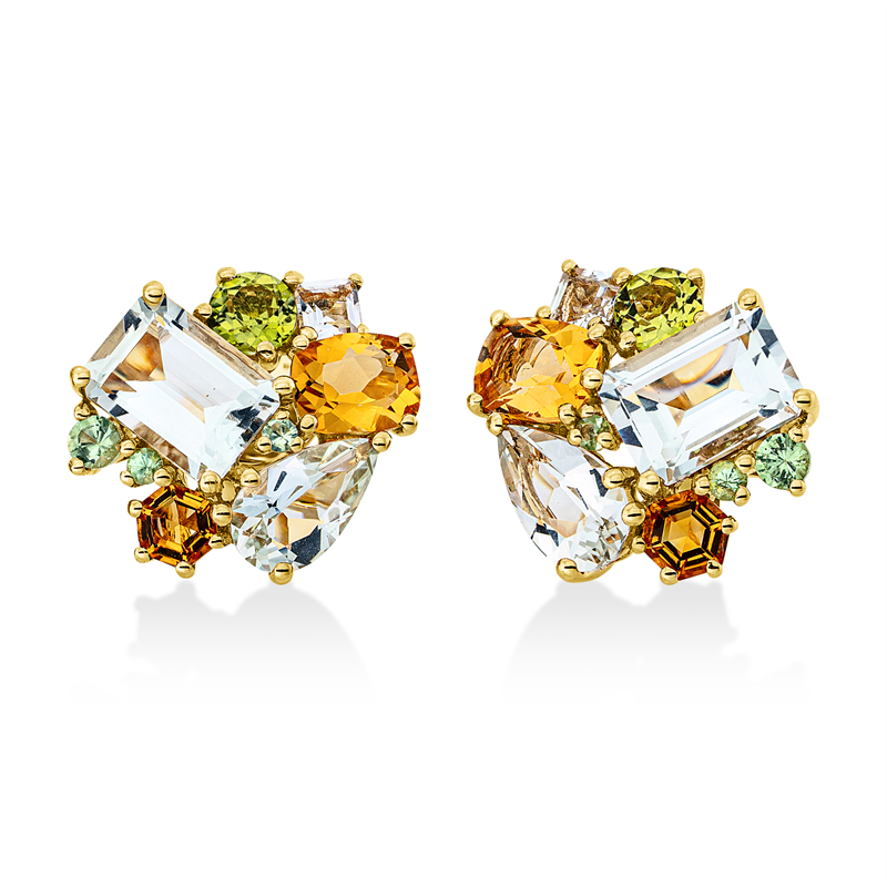 Ohrstecker 18 kt GG, 2 Peridot 0,40 ct, 4 Citrin 1,10 ct, 6 Amethyste 2,80 ct grün, 6 Granat 0,21 ct grün