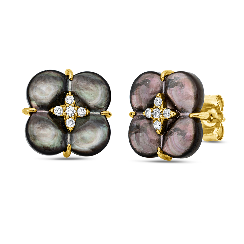 Ohrstecker 18 kt GG, 10 Brill. 0,10 ct, TW-si, 2 Perlmutt schwarz 13mm