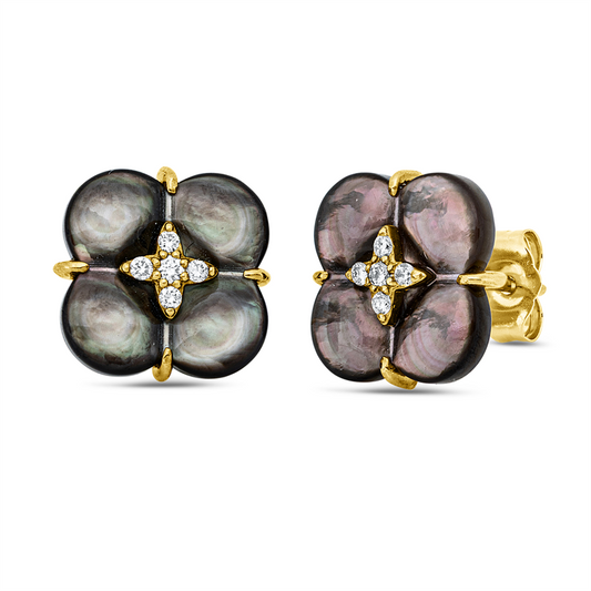 Ohrstecker 18 kt GG, 10 Brill. 0,10 ct, TW-si, 2 Perlmutt schwarz 13mm