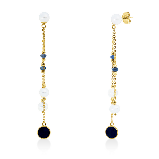 Ohrschmuck 18 kt GG, 2 Saphire 0,33 ct blau, 2 Perlmutt weiß, 2 SW weiß 5,5 mm, 2 SW weiß 4,5 mm
