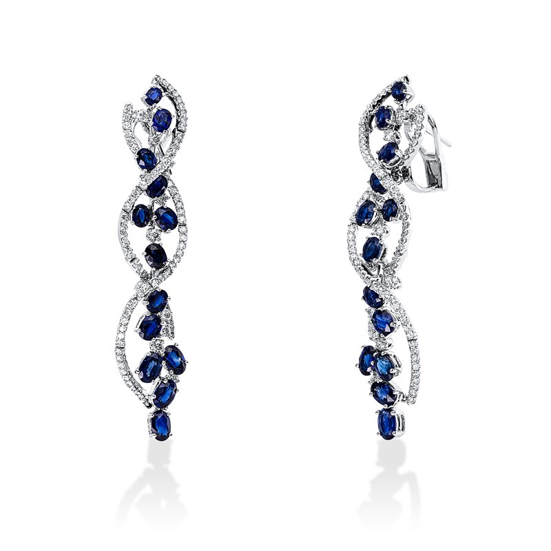 Ohrschmuck 18 kt WG, 188 Brill. 2,99 ct, TW-vsi, 26 Saphire 12,36 ct blau