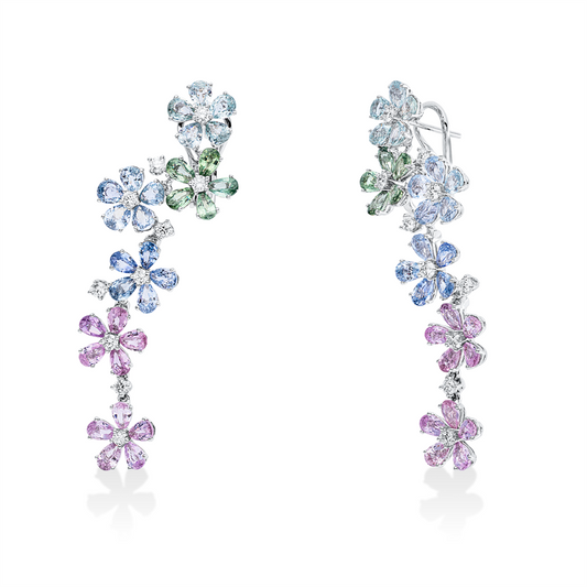Ohrschmuck 18 kt WG, 20 Brill. 1,12 ct, TW-vsi/si, 60 Farbsteine 16,17 ct multicolor