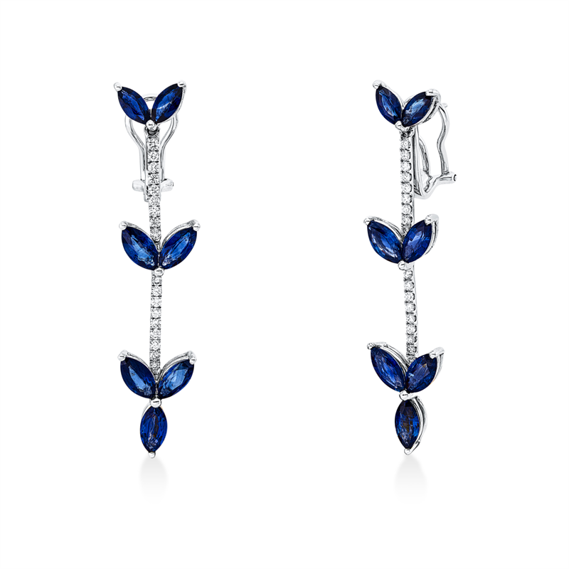 Ohrschmuck 18 kt WG, 36 Brill. 0,56 ct, TW-vsi, 14 Saphire 8,30 ct blau