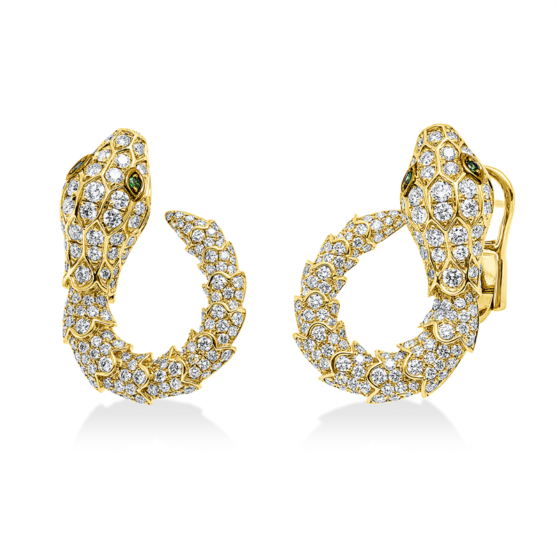 Creolen 18 kt GG, Fass teils schwarz rhod, 284 Brill. 3,30 ct, TW-vsi, 4 Tsavorith 0,07 ct grün