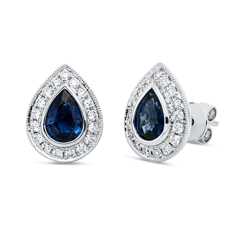 Ohrstecker 18 kt WG, 34 Brill. 0,31 ct, TW-si, 2 Saphire 1,31 ct blau