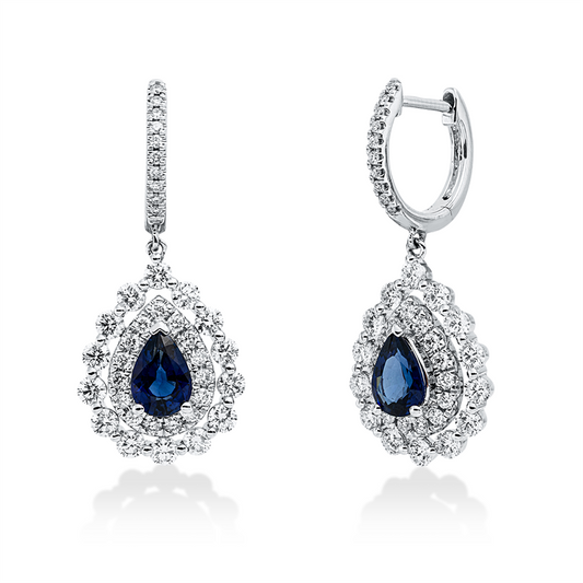 Ohrschmuck 18 kt WG, 78 Brill. 1,43 ct, TW-si, 2 Saphire 1,30 ct blau