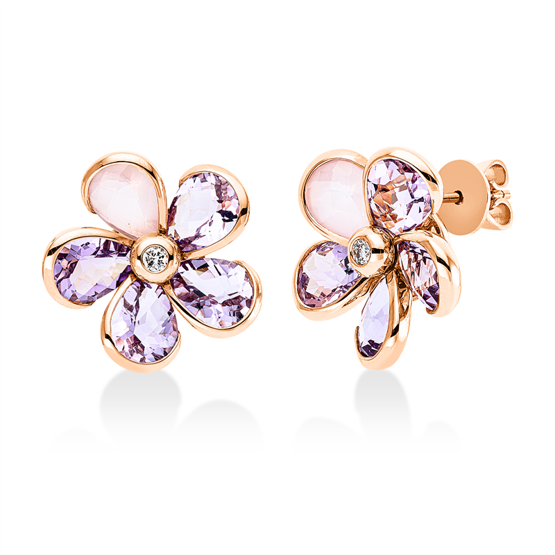 Ohrstecker 18 kt RG, spinnen, 2 Brill. 0,12 ct, TW-si, 8 Amethyste 7,00 ct pink, 2 Rosenquarz 1,80 ct rosa