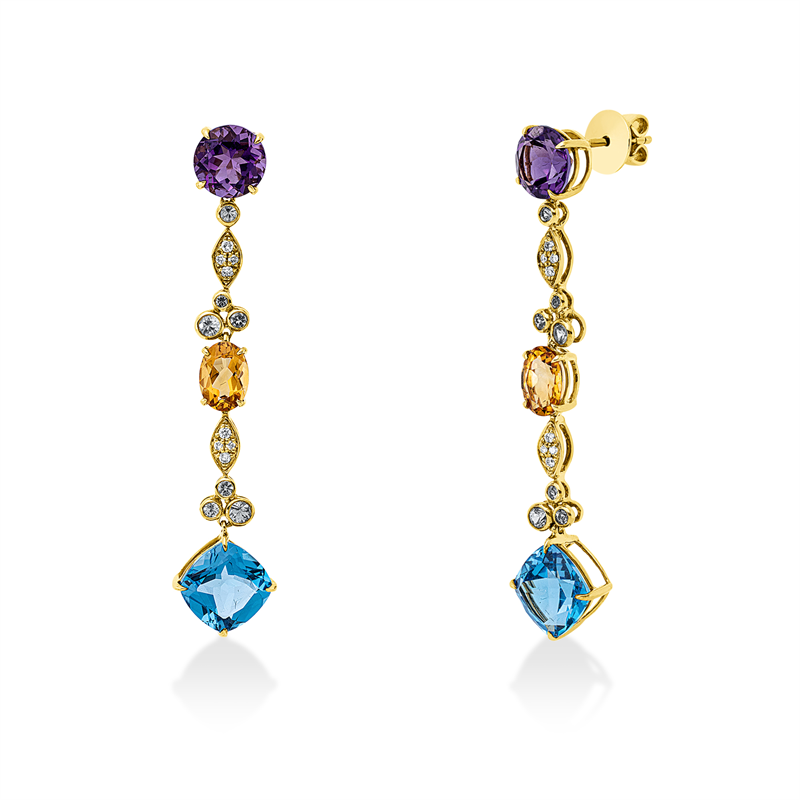 Ohrschmuck 18 kt GG,16 Br 0,09 ct,TW-si,2 Ci 1,40 ct,2 Am 1,90 ct lila,2 To 5,30 ct blau,14 Sa 0,58 ct pink