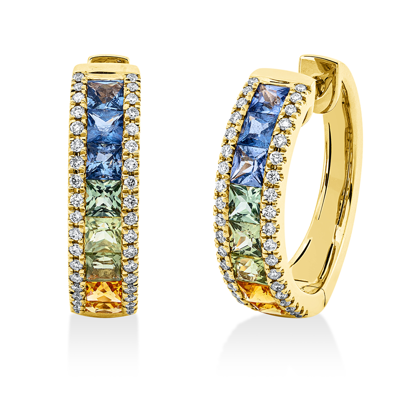 Creolen 18 kt GG, 76 Brill. 0,30 ct, TW-si, 6 Sapp0,70 ct grün, 4 Sapp 0,50 ct gelb, 6 Sapp 0,70 ct blau