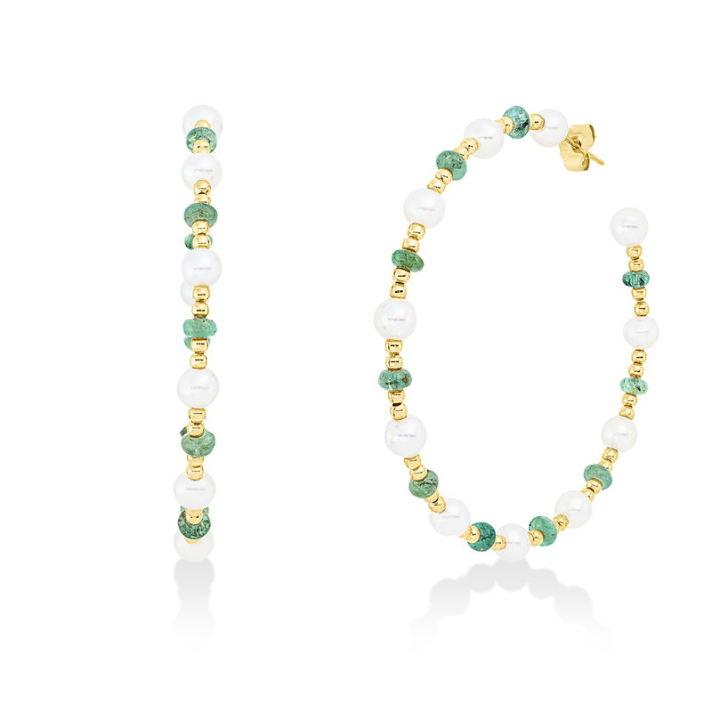 Creolen 18 kt GG, 20 Smaragde 5,50 ct grün, 22 ZP weiß 4,5 mm