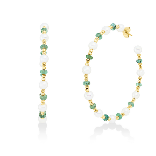 Creolen 18 kt GG, 20 Smaragde 5,50 ct grün, 22 ZP weiß 4,5 mm