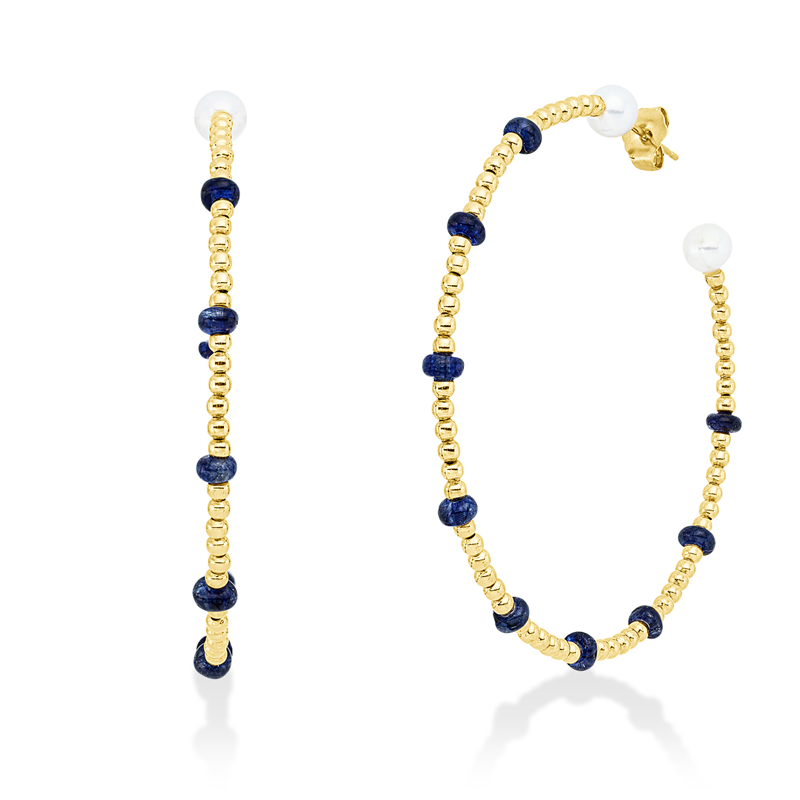 Creolen 18 kt GG, 18 Saphire 6,75 ct blau, 4 ZP weiß 4,5 mm