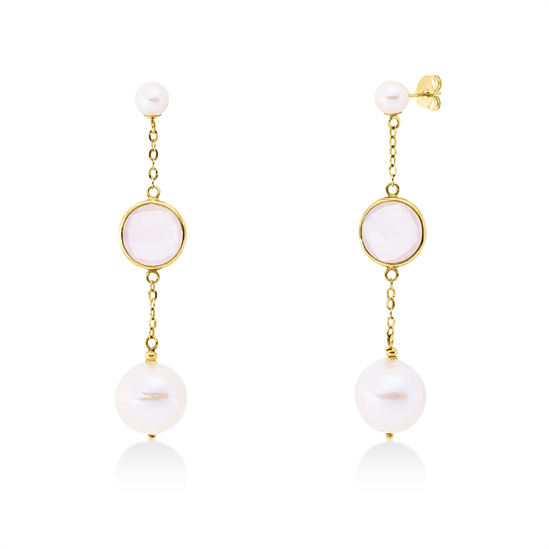 Ohrschmuck 14 kt GG, 2 Rosenquarz 7,00 ct rosé, 2 ZP weiß 5,5 mm, 2 ZP weiß 11 mm