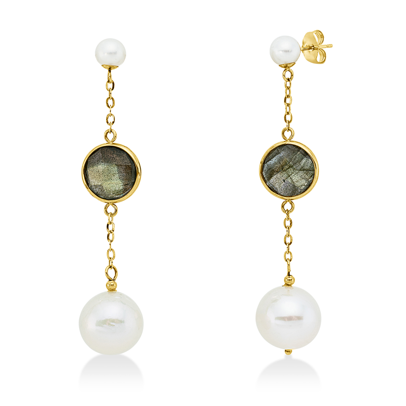 Ohrschmuck 14 kt GG, 2 Labradonit 7,00 ct, 2 ZP weiß 5,5 mm, 2 ZP weiß 11 mm