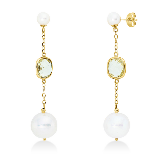 Ohrschmuck 14 kt GG, 2 Quarz 4,00 ct gelb, 2 ZP weiß 5,5 mm, 2 ZP weiß 11 mm