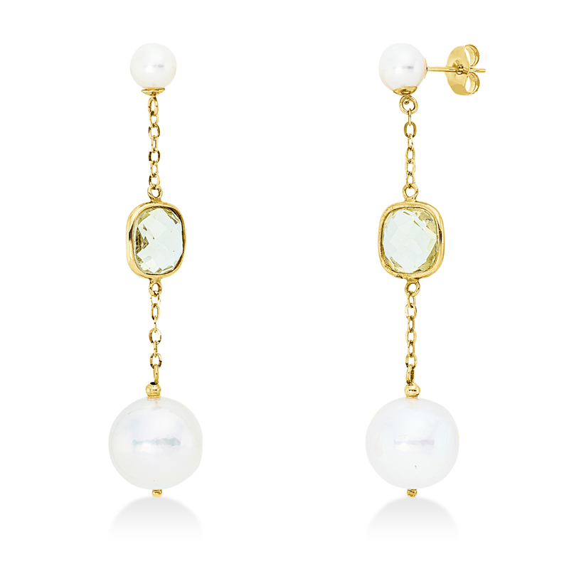 Ohrschmuck 14 kt GG, 2 Quarz 4,00 ct gelb, 2 ZP weiß 5,5 mm, 2 ZP weiß 11 mm