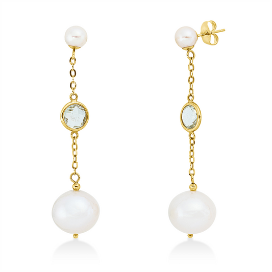 Ohrschmuck 14 kt GG, 2 Amethyste 3,00 ct grün, 2 ZP weiß 5,5 mm, 2 ZP weiß 11 mm