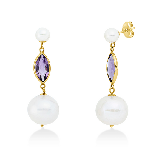 Ohrschmuck 14 kt GG, 2 Amethyste 4,00 ct lila, 2 ZP weiß 5,5 mm, 2 ZP weiß 12 mm