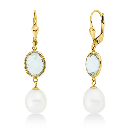 Ohrschmuck 14 kt GG, 2 Amethyste 5,00 ct grün, 2 ZP weiß 9 mm