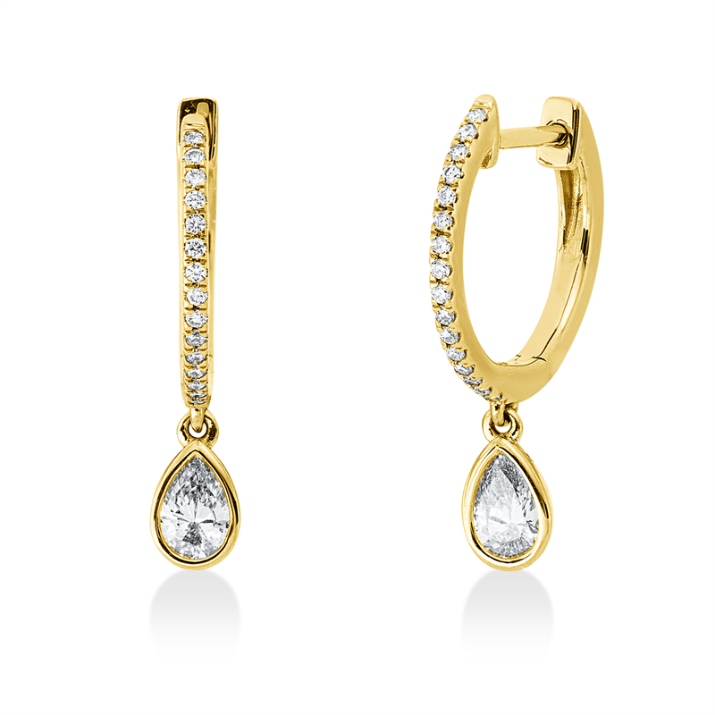 Creolen 18 kt GG, 32 Brill. 0,10 ct, TW-si, 2 Tropfen 0,36 ct, TW-si
