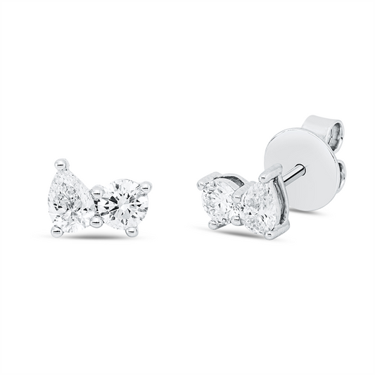 Ohrstecker 18 kt WG, 2 Tropfen 0,38 ct, TW-si, 2 Brill. 0,34 ct, TW-si