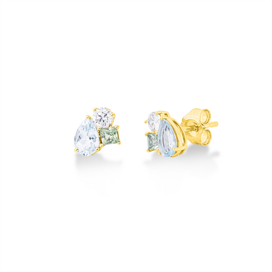 Ohrstecker 18 kt GG, 2 Brill. 0,27 ct, TW-si, 2 Aquamarin 0,74 ct blau, 2 Amethyste 0,26 ct grün