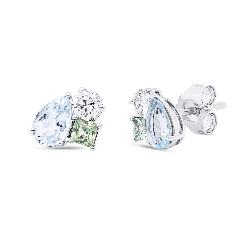Ohrstecker 18 kt WG, 2 Brill. 0,27 ct, TW-si, 2 Aquamarin 0,74 ct blau, 2 Amethyste 0,26 ct grün
