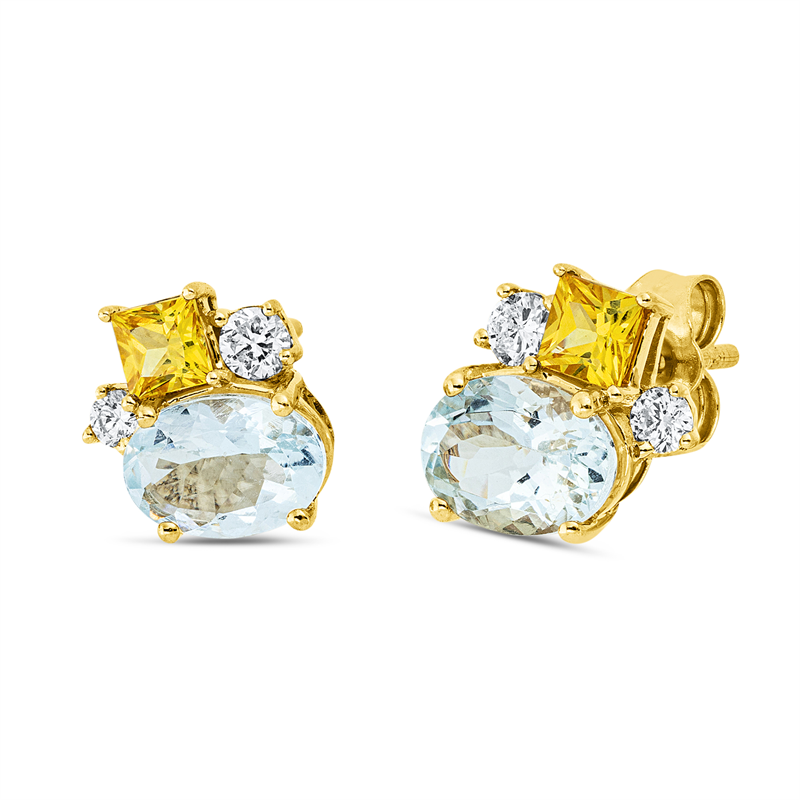 Ohrstecker 18 kt GG, 2 Brill. 0,12 ct, TW-si, 2 Brill. 0,07 ct, TW-si, 2 Aquamarin 1,32 ct blau, 2 Saphire 0,41 ct gelb