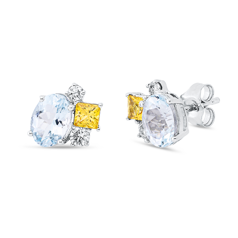 Ohrstecker 18 kt WG, 2 Brill. 0,11 ct, TW-si, 2 Brill. 0,07 ct, TW-si, 2 Aquamarin 1,32 ct blau, 2 Saphire 0,41 ct gelb