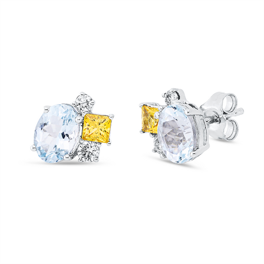 Ohrstecker 18 kt WG, 2 Brill. 0,11 ct, TW-si, 2 Brill. 0,07 ct, TW-si, 2 Aquamarin 1,32 ct blau, 2 Saphire 0,41 ct gelb