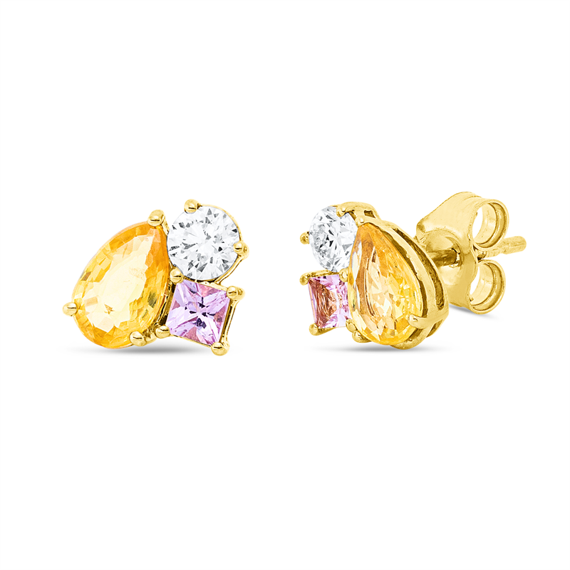 Ohrstecker 18 kt GG, 2 Brill. 0,26 ct, TW-si, 2 Saphire 0,92 ct gelb, 2 Saphire 0,20 ct pink