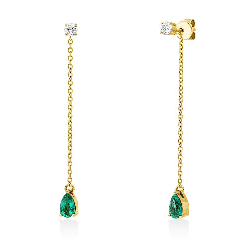 Ohrschmuck 14 kt GG, 2 Brill. 0,22 ct, W-pi, 2 Smaragde 0,61 ct grün