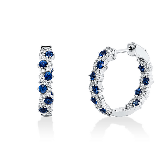 Creolen 14 kt WG, 68 Brill. 0,76 ct, W-pi, 20 Saphire 1,30 ct blau