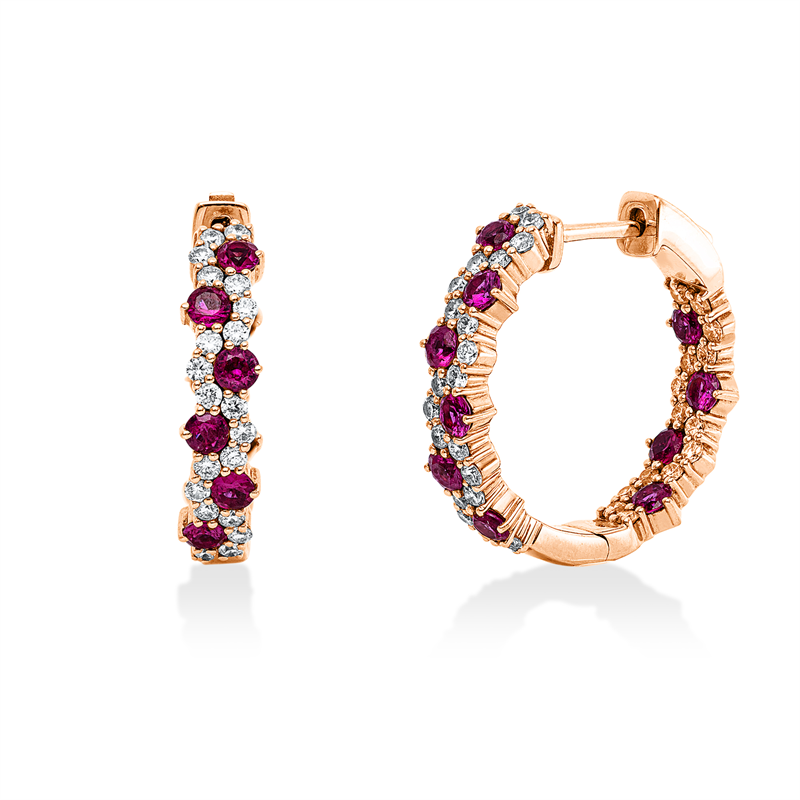 Creolen 14 kt RG, 68 Brill. 0,08 ct, W-pi, 20 Rubine 1,29 ct rot