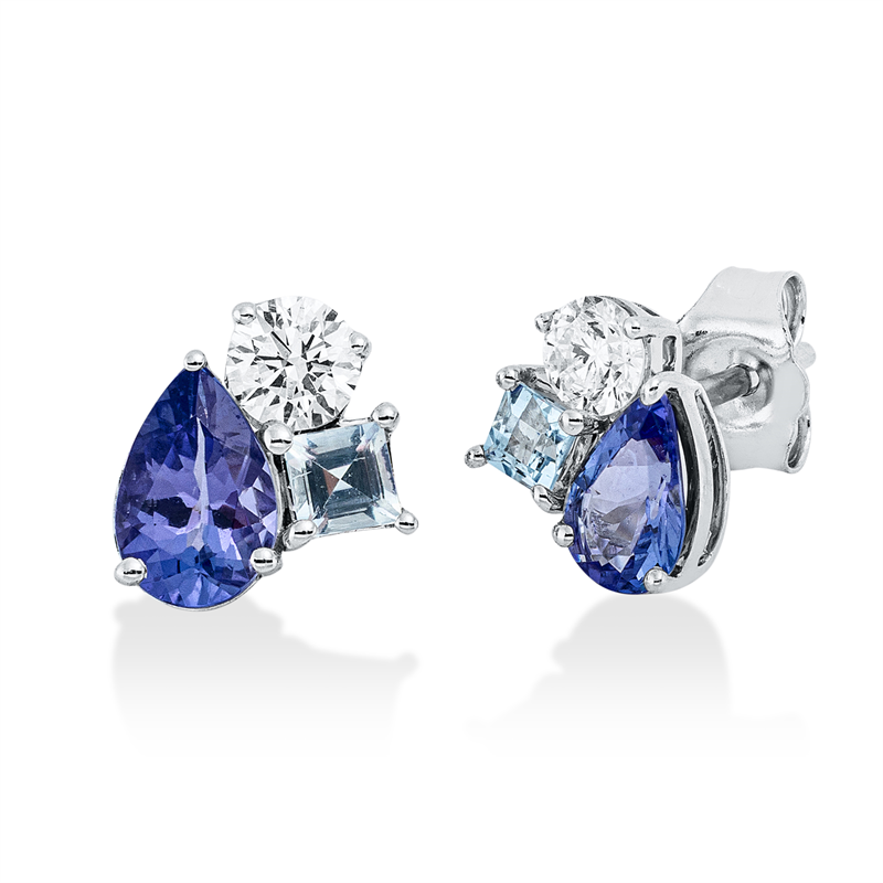 Ohrstecker 18 kt WG, 2 Brill. 0,27 ct, TW-si, 2 Aquamarin 0,19 ct blau, 2 Tansanit 0,69 ct blau
