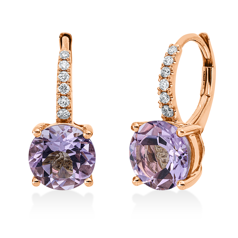 Creolen 18 kt RG, 12 Brill. 0,15 ct, TW-si, 2 Amethyste 3,49 ct pink