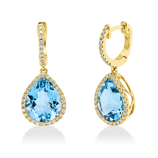 Ohrschmuck 18 kt GG, 76 Brill. 0,28 ct, TW-si, 2 Topase 8,60 ct blau
