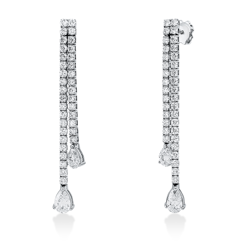 Ohrschmuck 18 kt WG, 2 Tropfen 0,75 ct, TW-vsi, 2 Tropfen 1,09 ct, TW-vsi, 70 Brill. 2,36 ct, TW-vsi