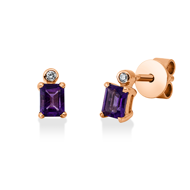Ohrschmuck 18 kt RG, 2 Brill. 0,02 ct, TW-si, 2 Amethyste 0,41 ct lila