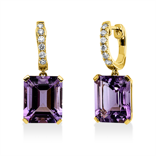 Ohrschmuck 18 kt GG, 12 Brill. 0,27 ct, TW-si, 2 Amethyste 8,20 ct pink