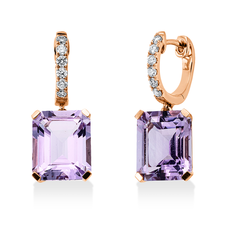 Ohrschmuck 18 kt RG, 12 Brill. 0,27 ct, TW-si, 2 Amethyste 8,20 ct pink