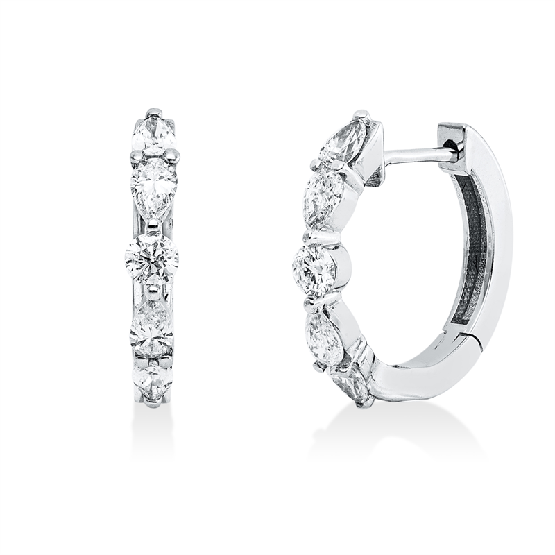 Creolen 18 kt WG, 2 Brill. 0,13 ct, F/TW-si, 8 Tropfen 0,41 ct, F/TW-si