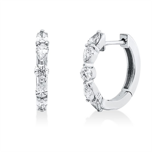 Creolen 18 kt WG, 2 Brill. 0,13 ct, F/TW-si, 8 Tropfen 0,41 ct, F/TW-si