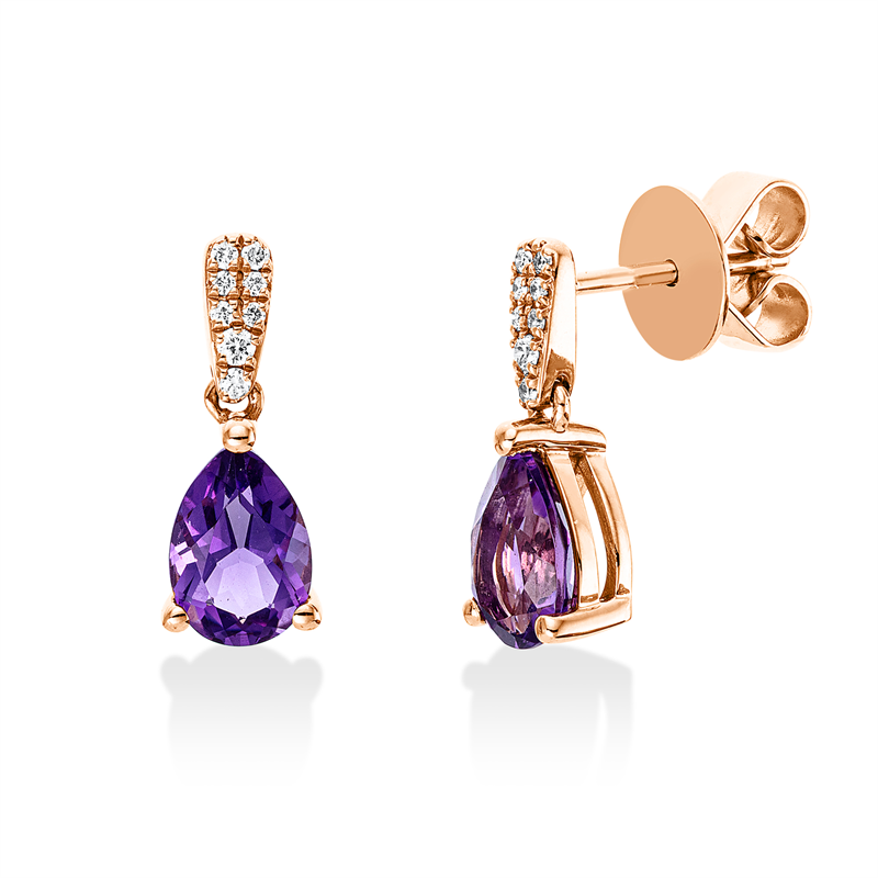 Ohrschmuck 18 kt RG, 16 Brill. 0,06 ct, TW-si, 2 Amethyste 1,19 ct lila