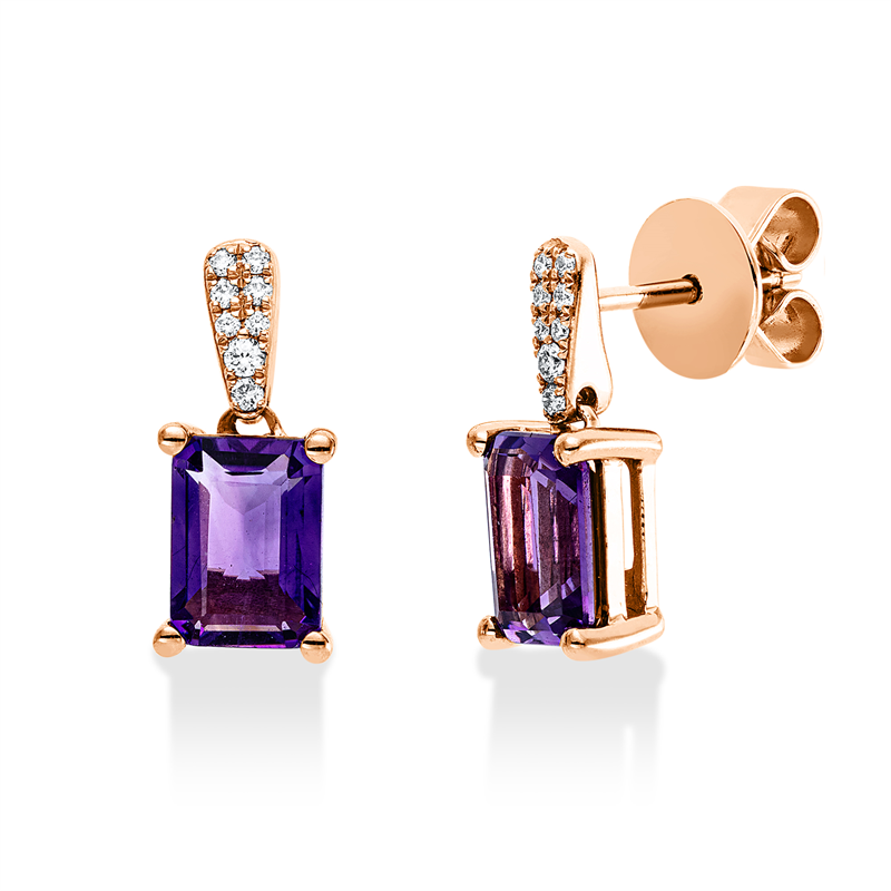Ohrschmuck 18 kt RG, 16 Brill. 0,07 ct, TW-si, 2 Amethyste 1,74 ct lila