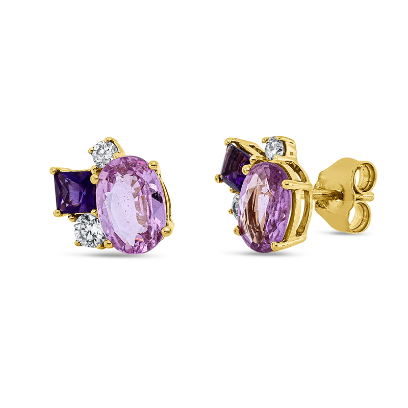 Ohrstecker 18 kt GG, 2 Brill. 0,06 ct, TW-si, 2 Brill. 0,14 ct, TW-si, 2 Saphire 1,71 ct pink, 2 Amethyste 0,33 ct lila