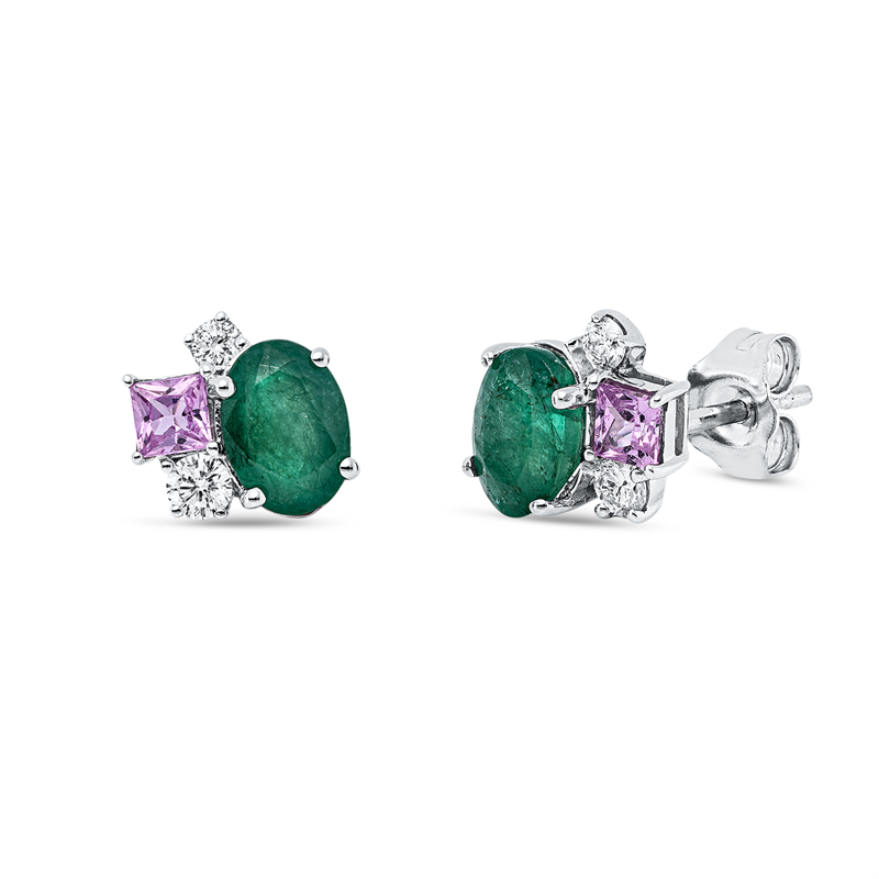 Ohrstecker 18ktWG, 2 Brill.0,14ct, 2 Brill.0,07ct, TW-si, 2 Smaragde 1,51ct grün, 2 Saphire 0,37ct pink
