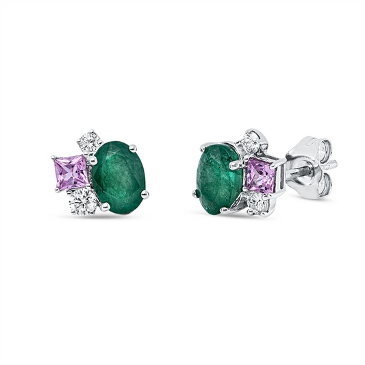 Ohrstecker 18ktWG, 2 Brill.0,14ct, 2 Brill.0,07ct, TW-si, 2 Smaragde 1,51ct grün, 2 Saphire 0,37ct pink