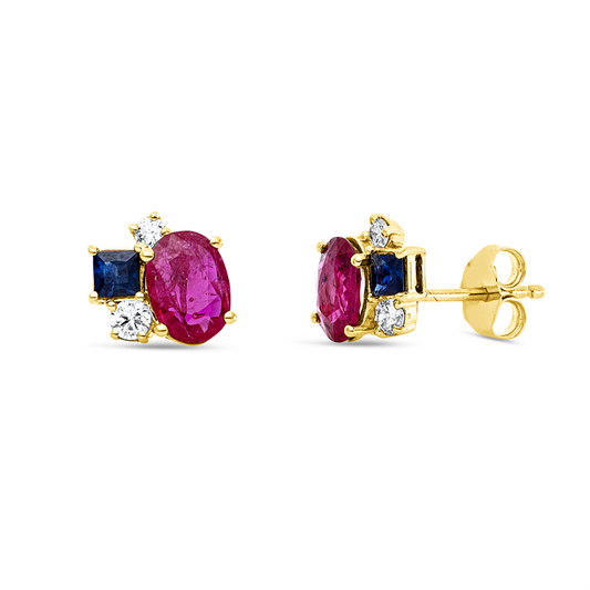 Ohrstecker 18 kt GG, 4 Brill. 0,21 ct, TW-si, 2 Rubine 1,47 ct rot, 2 Saphire 0,35 ct blau